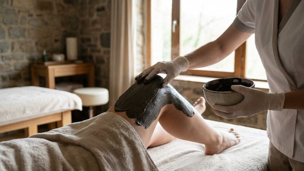 Application de boue thermale sur le genou lors d'une cure thermale