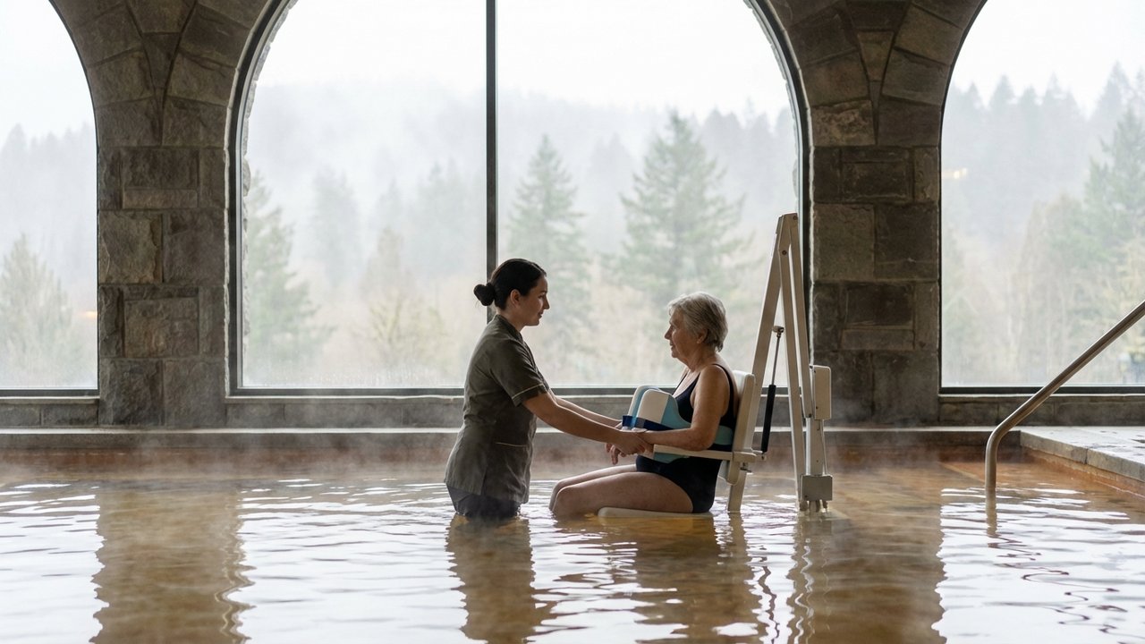 Personnel thermal aidant un curiste en situation d'invalidité dans un bassin chauffé