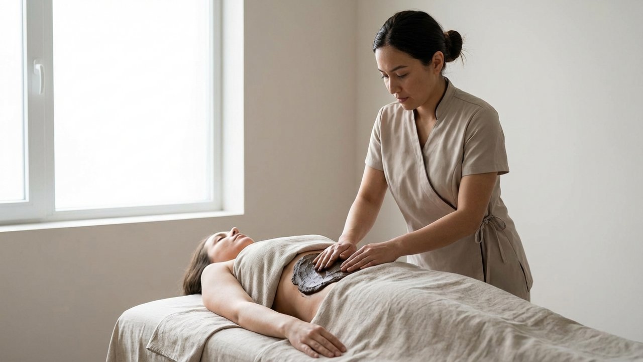 Application de boue thermale chaude sur l'abdomen pour soulager le syndrome de l'intestin irritable