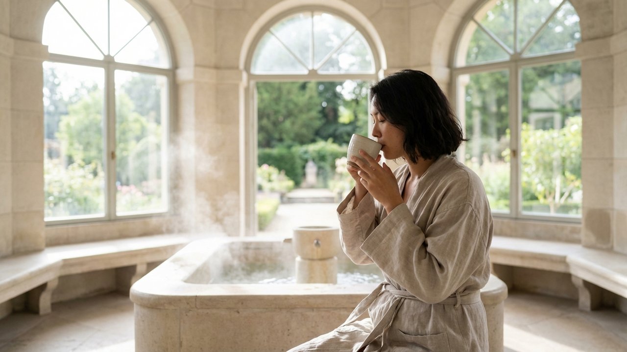 Patient buvant de l'eau thermale lors d'une cure pour réguler le transit intestinal