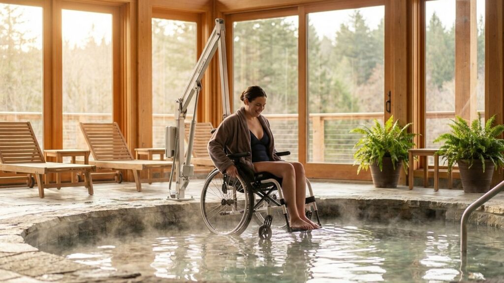 Personne en fauteuil roulant accédant à une piscine thermale avec équipements adaptés