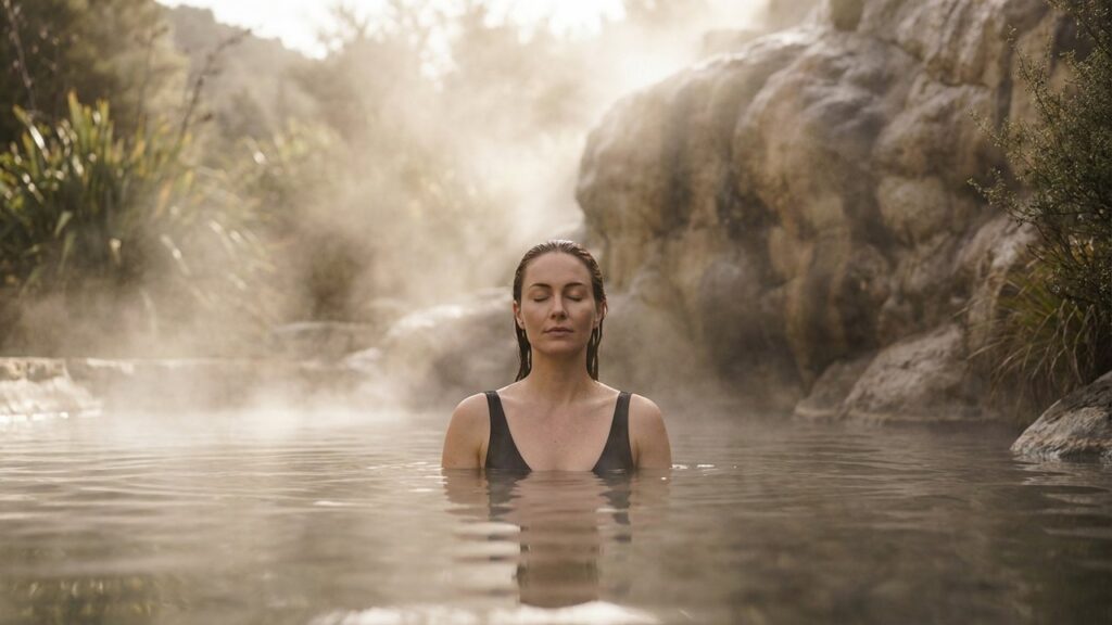 Femme se relaxant dans un bain thermal chaud