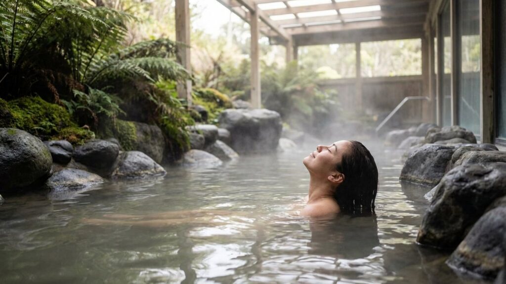 Personne se relaxant dans un bain thermal pendant une cure