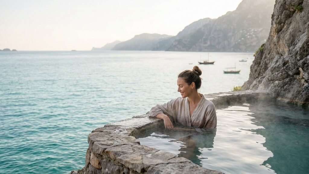 Femme en cure thermale rhumatologie face à la mer Méditerranée