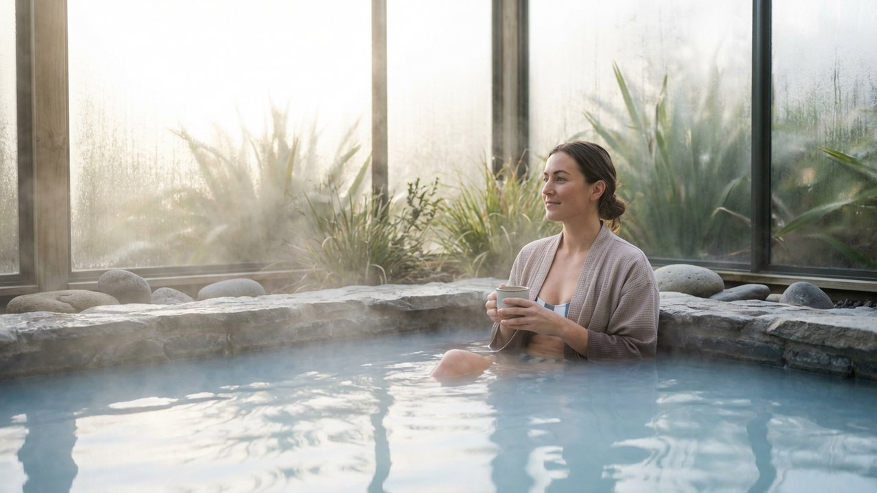 Femme se relaxant dans les eaux thermales d'une cure thermale