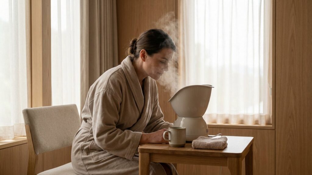 Patient en cure thermale recevant un traitement d'inhalation pour la sinusite