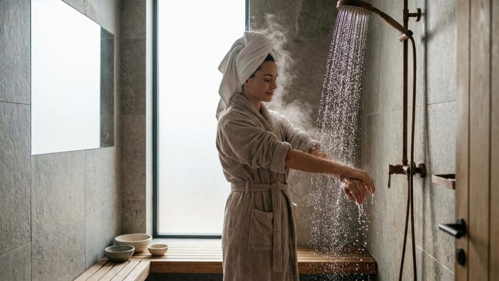 Femme se rinçant à l'eau tiède après un soin thermal