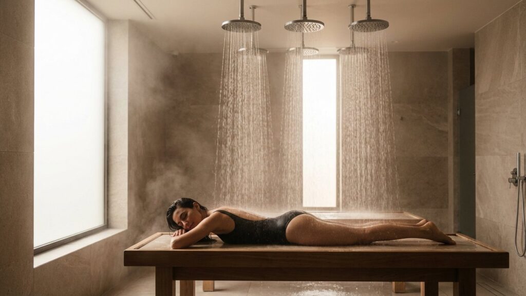 Douche pénétrante en cure thermale : jets d'eau thermale sur le dos