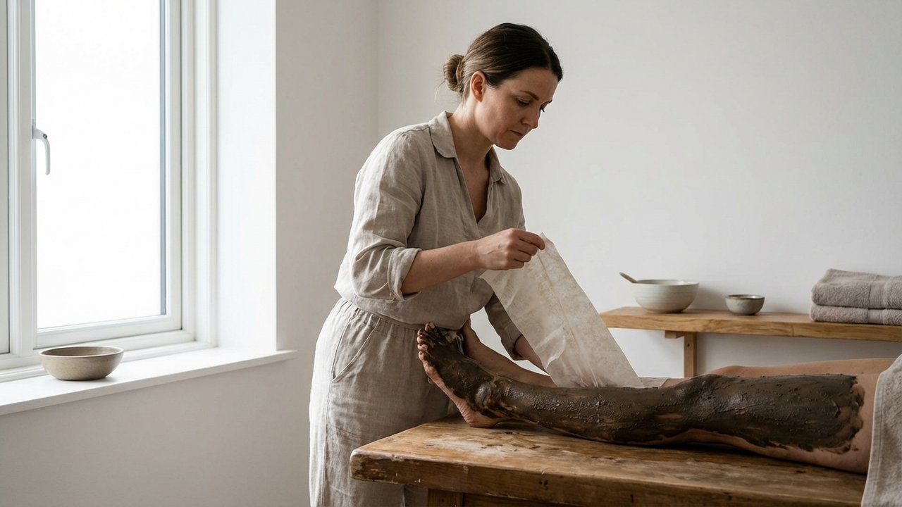 Enveloppement d'une jambe recouverte de boue thermale en cure