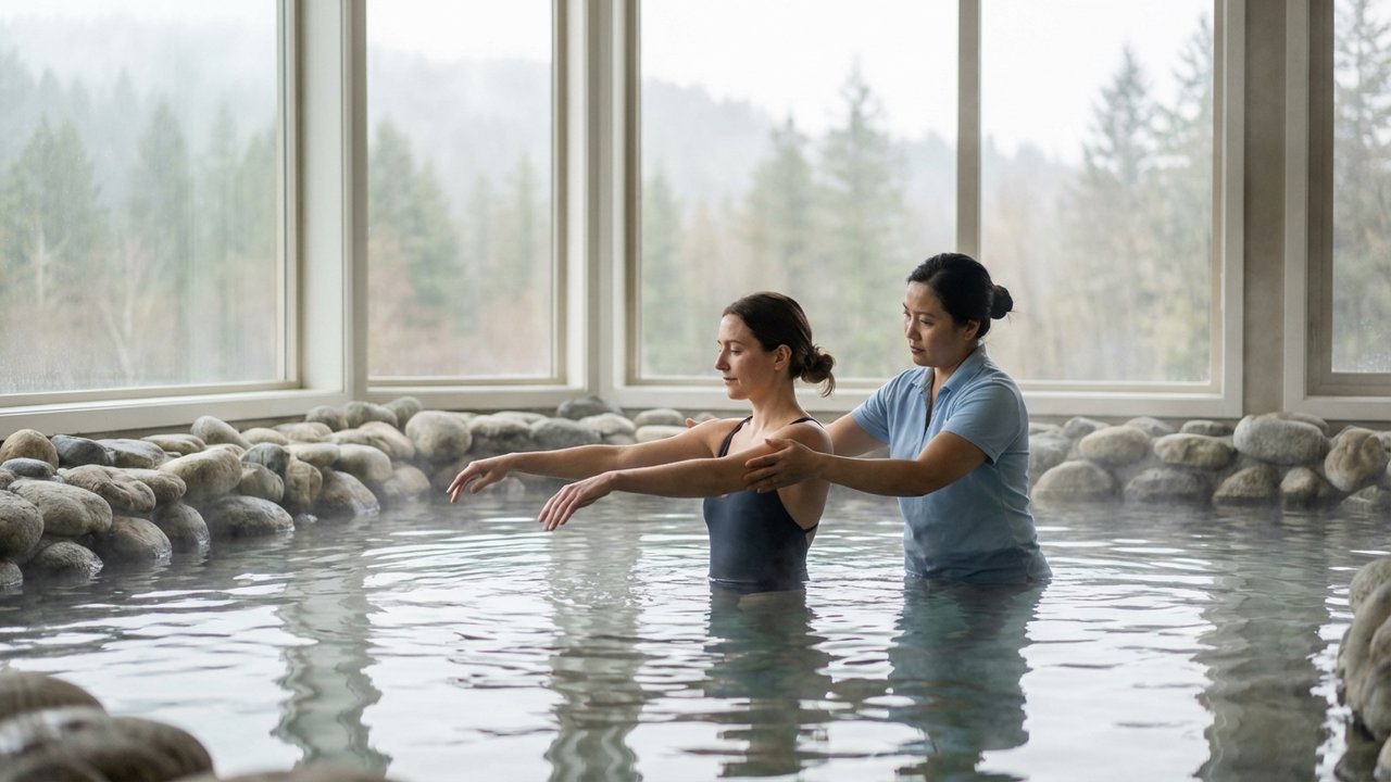 Patient effectuant des exercices en piscine thermale pour drainage lymphatique