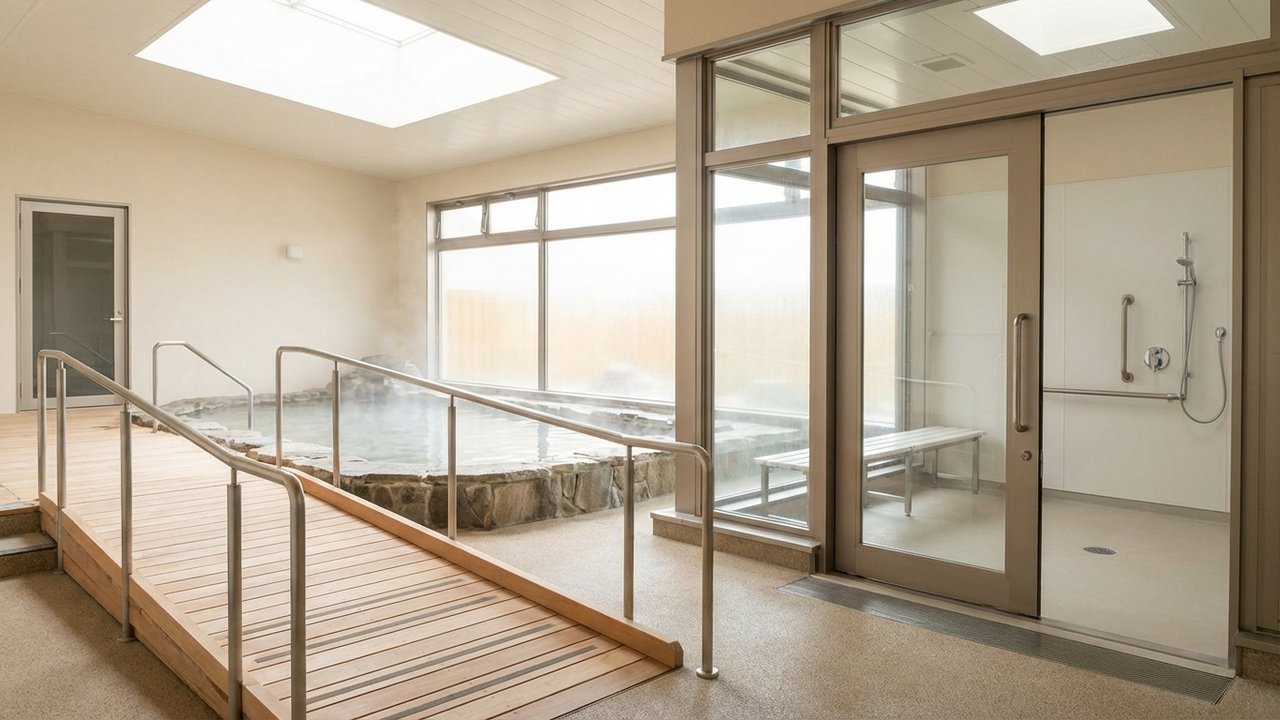 Rampe d'accès et vestiaire adapté dans un établissement thermal pour personnes en situation de handicap