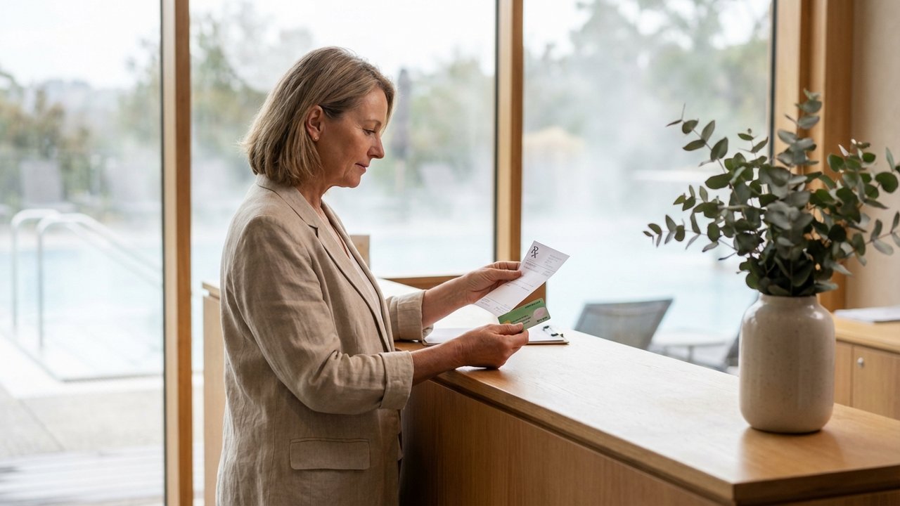 Ordonnance médicale et carte de sécurité sociale à la réception d'une station thermale
