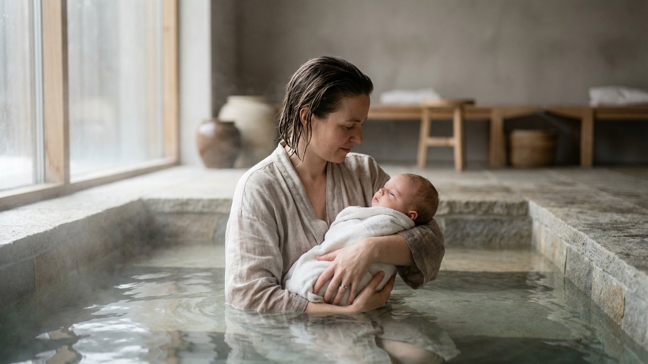 Parent accompagnant son bébé lors d'une séance de soins thermaux