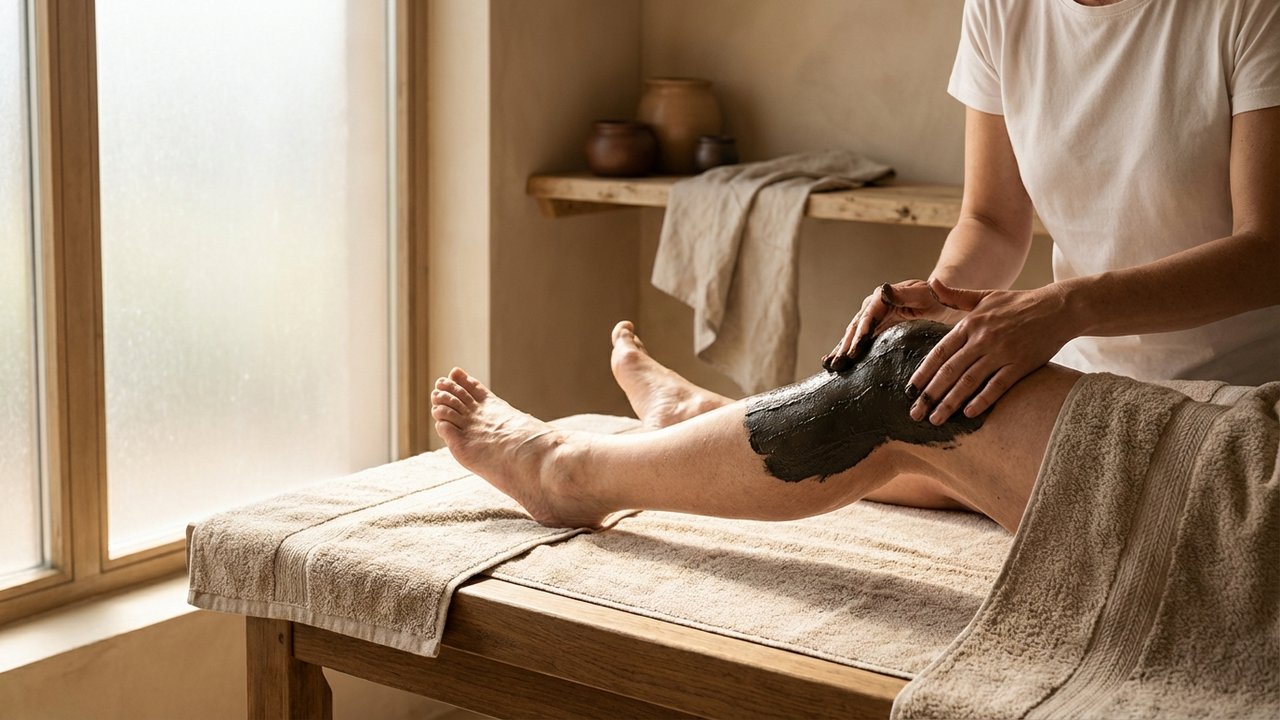 Application de boue thermale lors d'un soin de pélothérapie