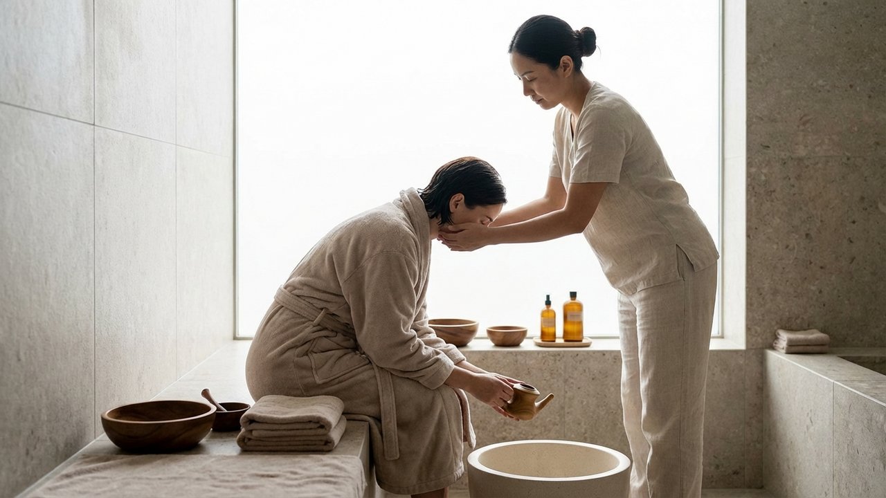 Soin de rinçage nasal lors d'une cure thermale pour sinusite