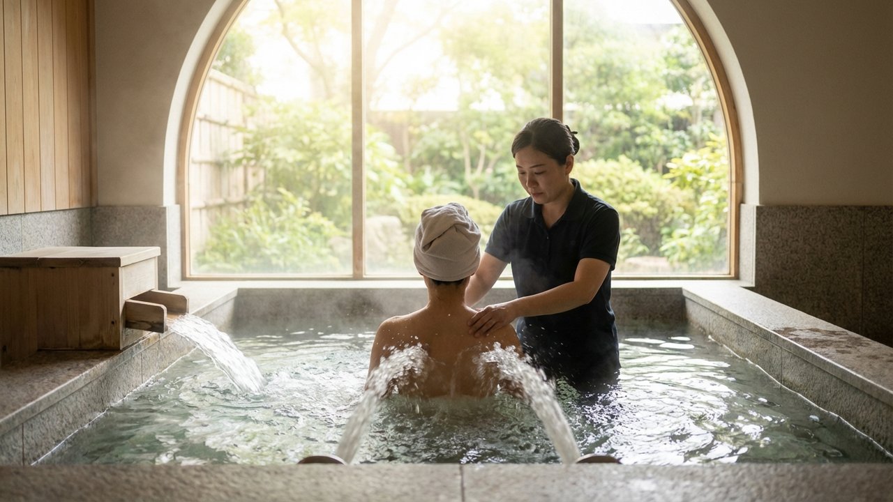 Soins d'hydrothérapie avec jets d'eau thermale pendant une cure