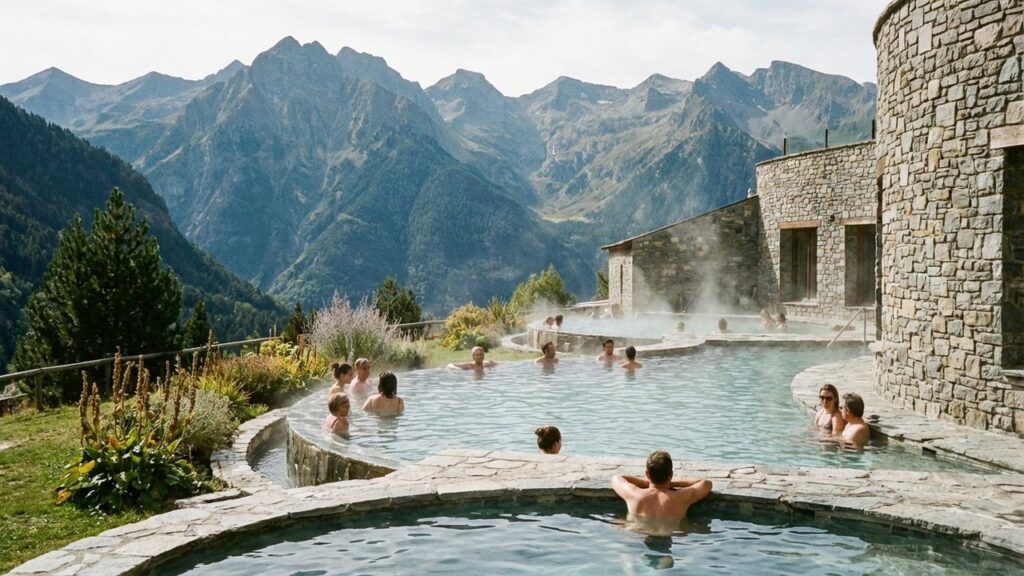 Vue d'une station thermale dans les Pyrénées avec montagnes
