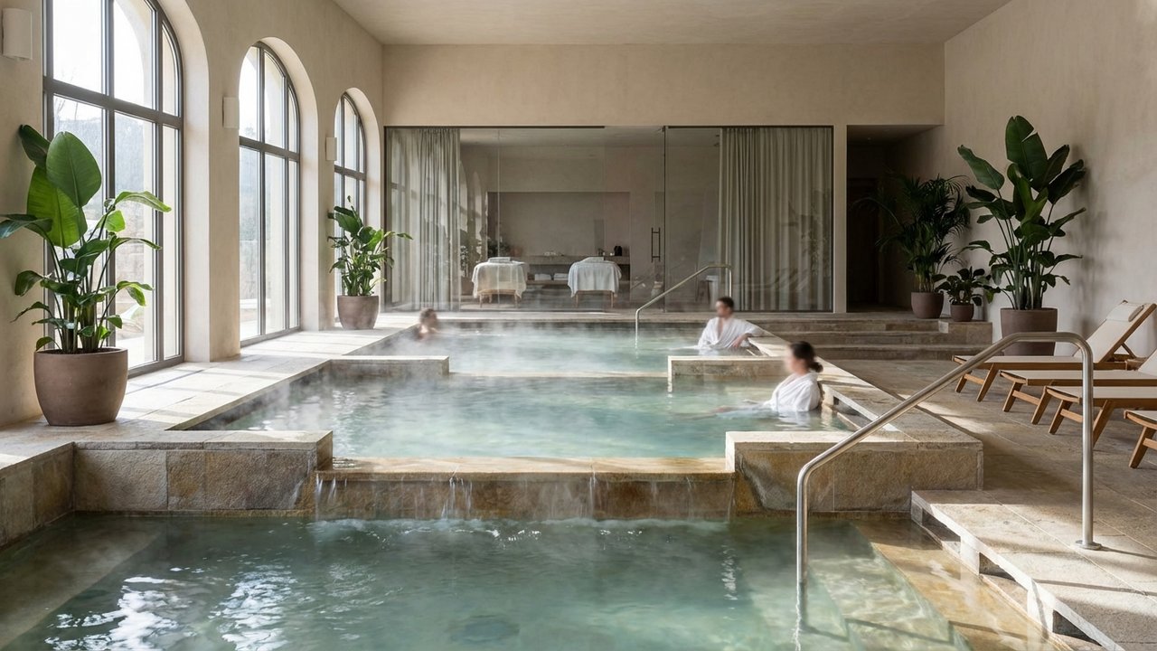 Station thermale avec bassins d'eau minérale chaude et installations de soins