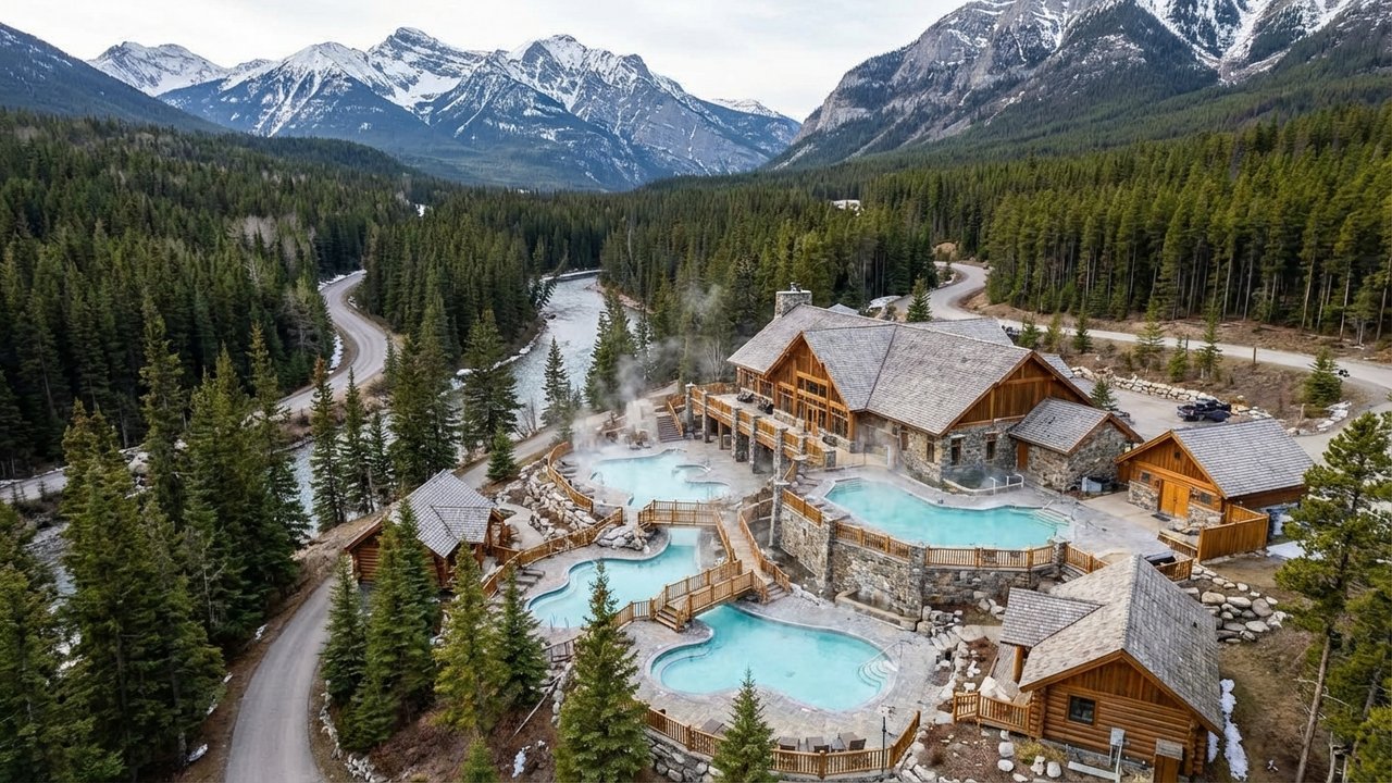 Vue aérienne d'une station thermale en montagne