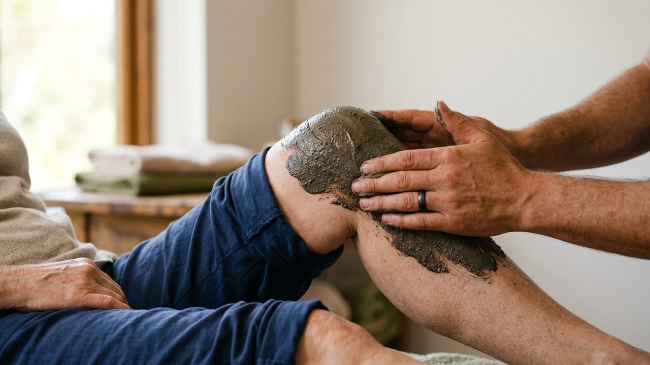 Application de boue thermale chaude sur une articulation arthrosique