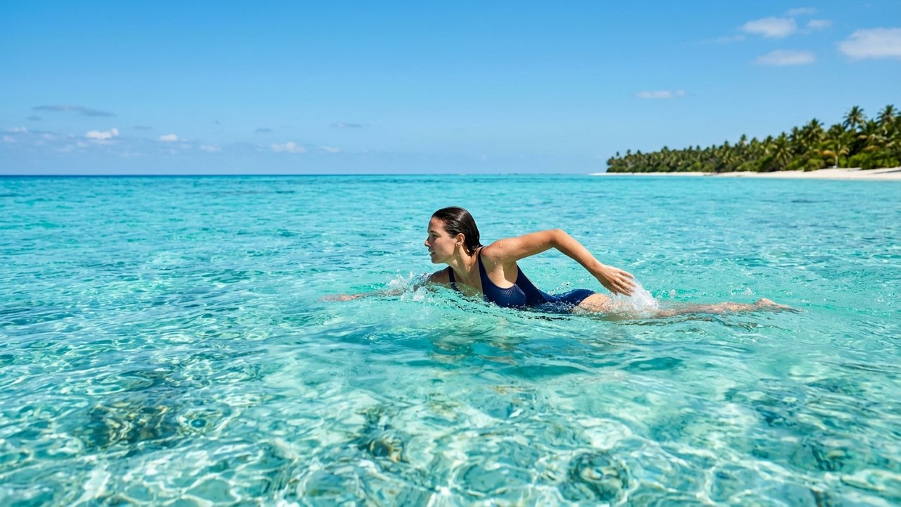 Baignade en eau turquoise avec ciel dégagé en destination européenne