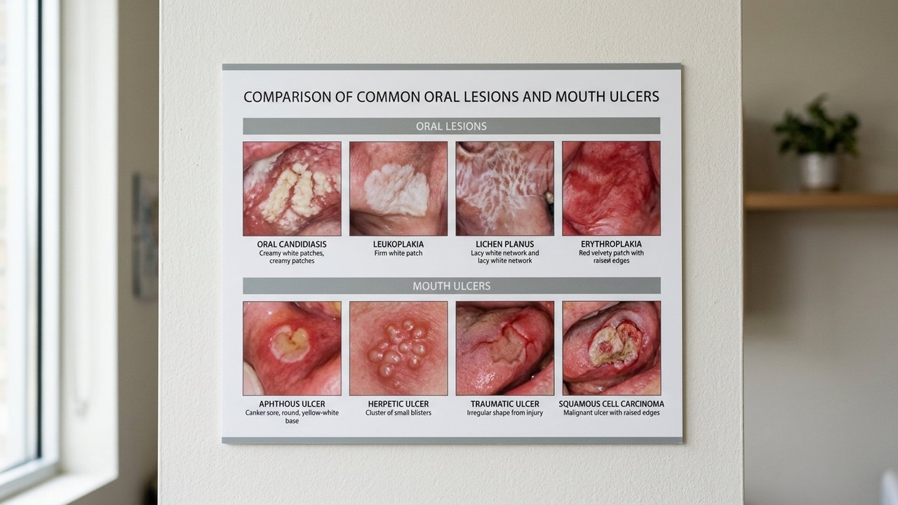 Tableau comparatif des lésions buccales : aphte, muguet, irritation
