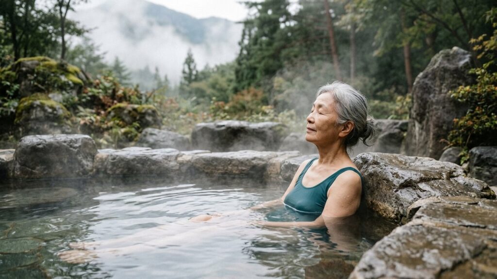 Femme âgée se relaxant dans un bain thermal pour soulager l'ostéoporose