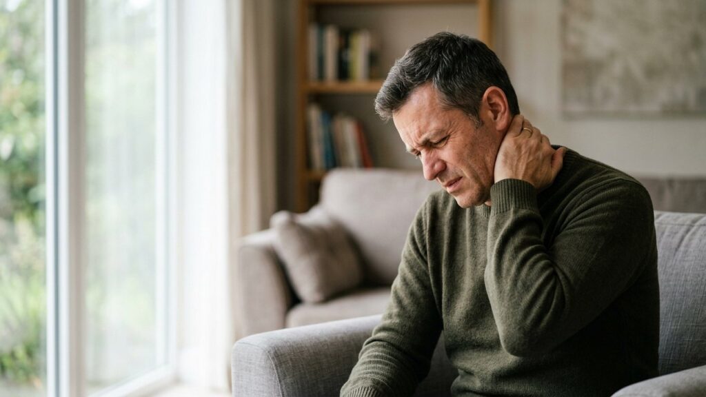 Homme souffrant de douleur cervicale et inversion de courbure du rachis