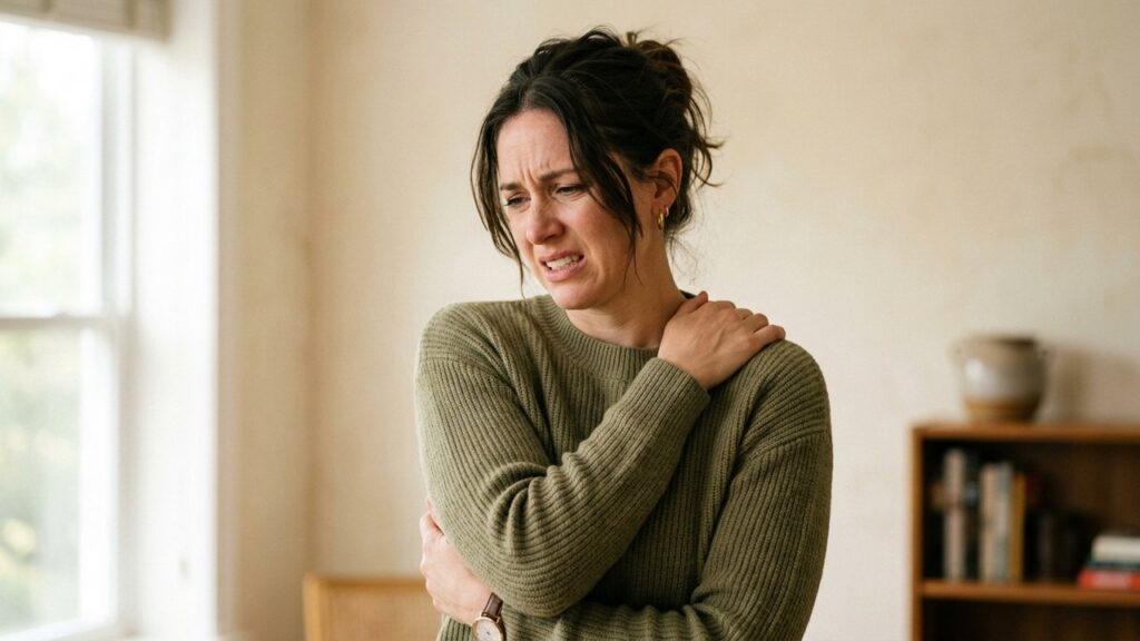 Femme tenant son épaule gauche douloureuse, symbolisant la charge émotionnelle