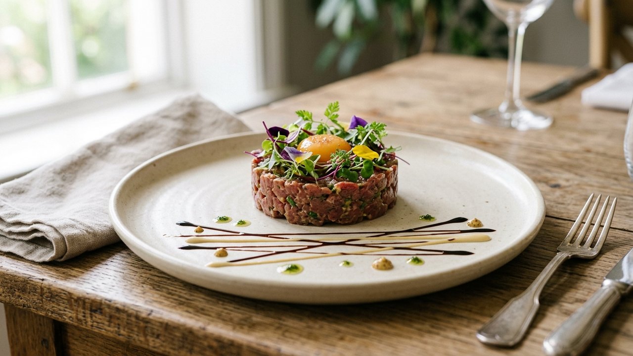 Tartare gastronomique dressé avec lignes de sauce et herbes fraîches