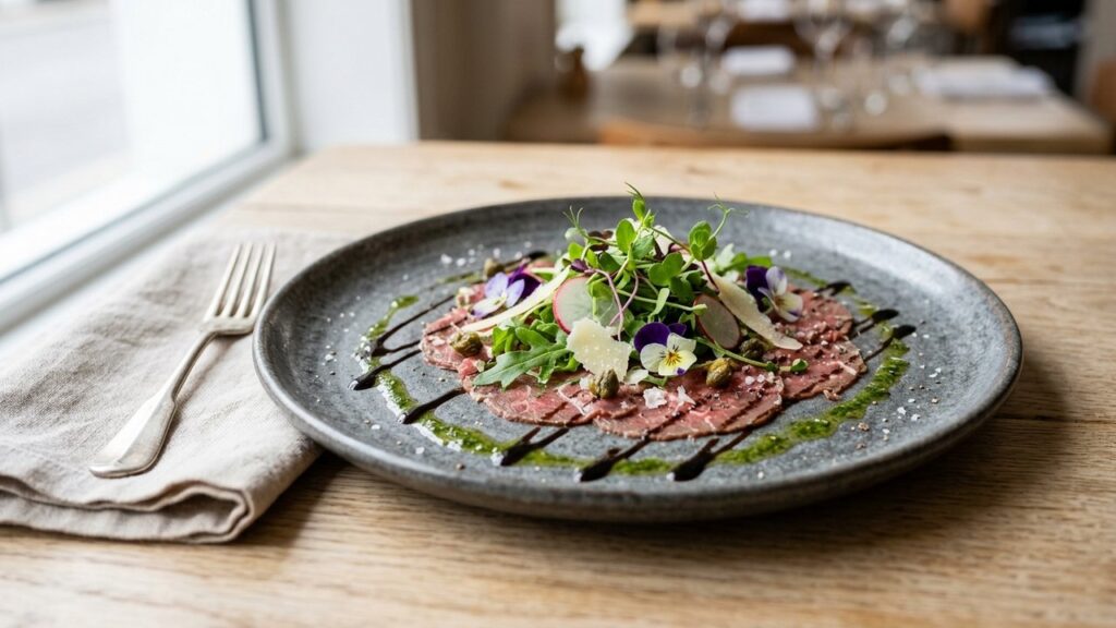 Entrée froide gastronomique dressée avec micro-pousses et sauce
