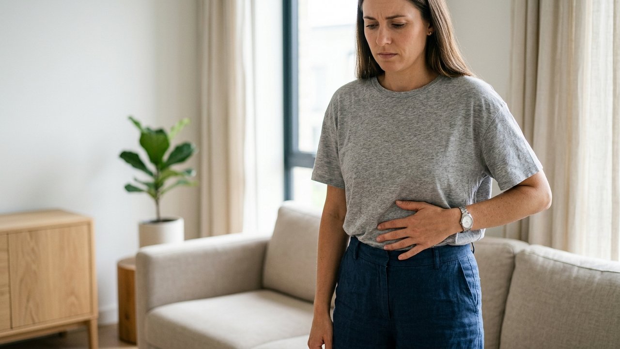 Femme souffrant de ballonnements et d'inconfort digestif