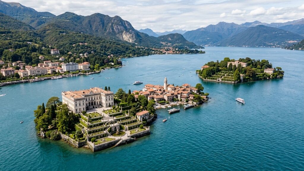 Vue aérienne des îles Borromées sur le lac Majeur avec palais et jardins