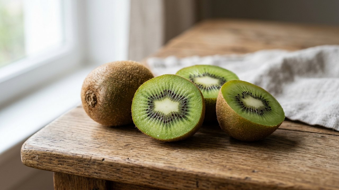 Kiwi frais coupé montrant ses petites graines noires