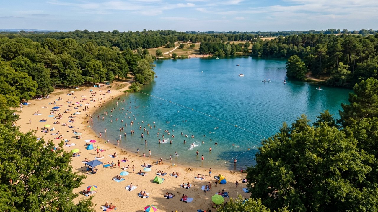Vue du lac de la Ramée à Tournefeuille avec zone de baignade
