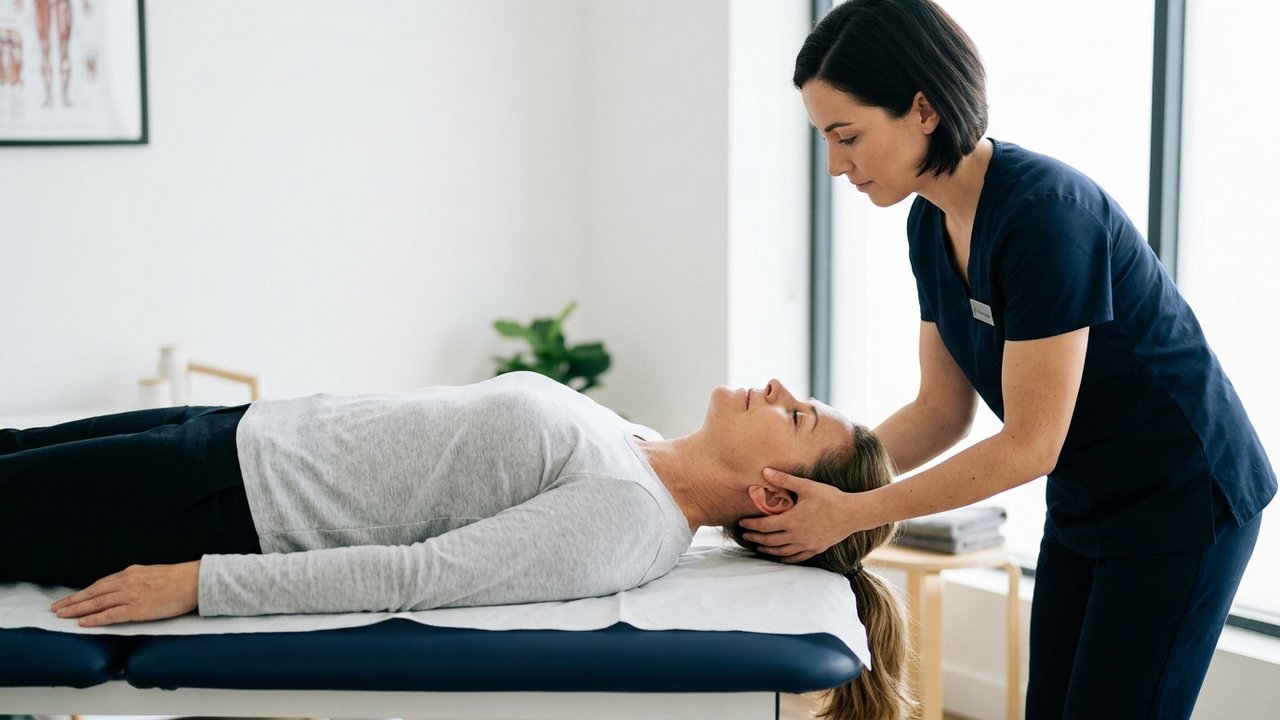 Kinésithérapeute effectuant une manœuvre de repositionnement vestibulaire