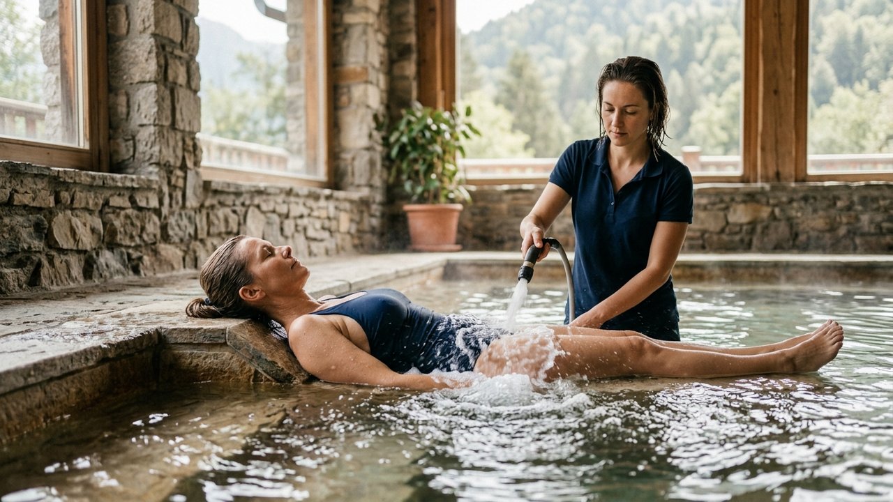 Patient recevant un massage sous jets d'eau en cure thermale neurologique