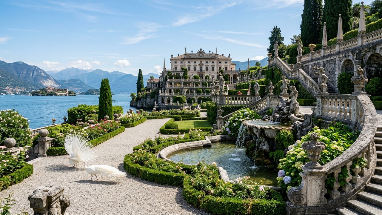 Palazzo Borromeo avec ses jardins baroques, fontaines et paons blancs sur Isola Bella