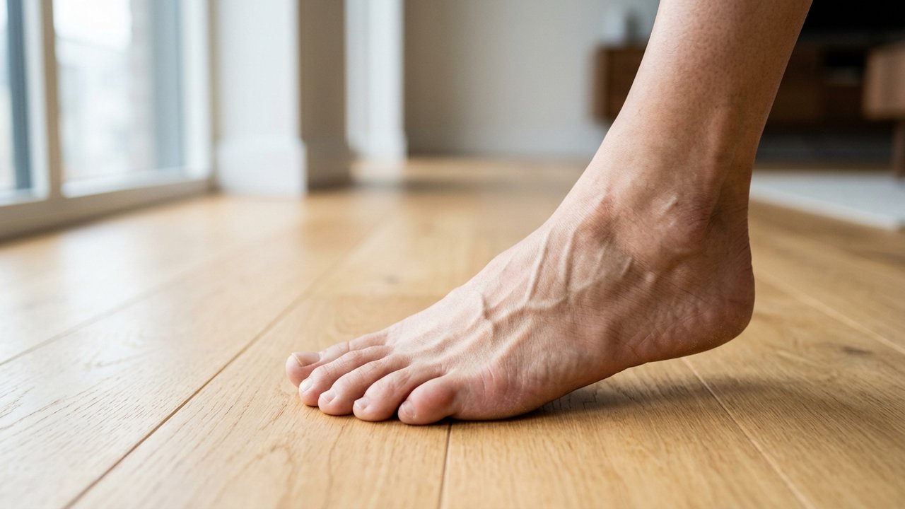 Gros plan d'un pied nu montrant la musculature plantaire