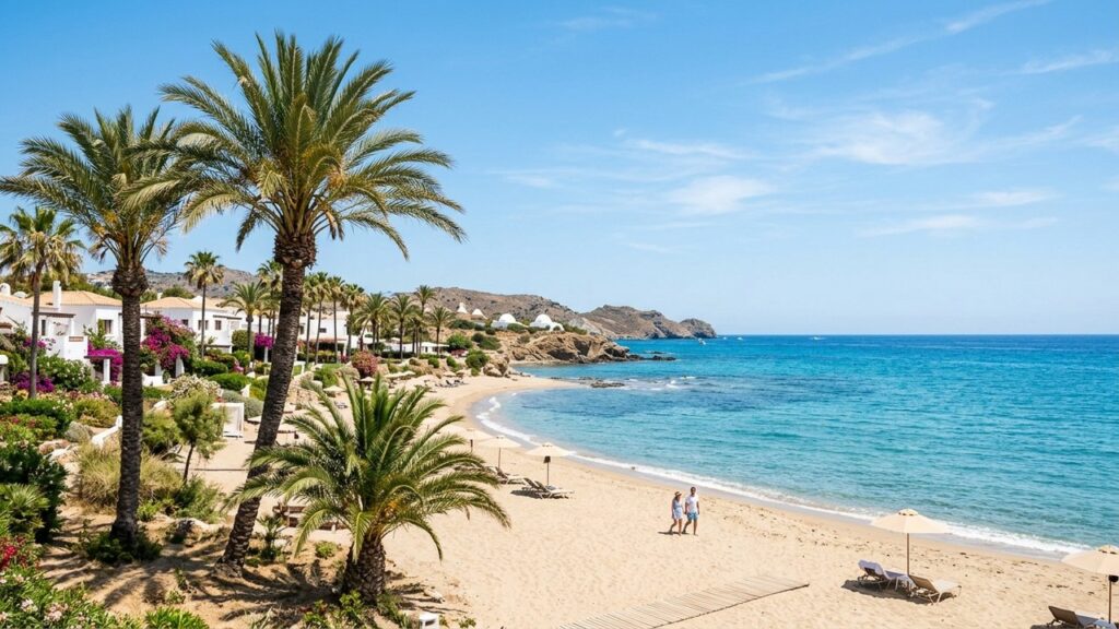 Plage méditerranéenne ensoleillée en mars avec palmiers et mer turquoise