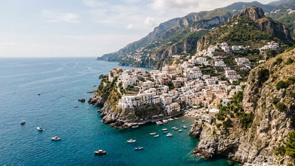Vue aérienne d'un village blanc des Pouilles surplombant la côte adriatique
