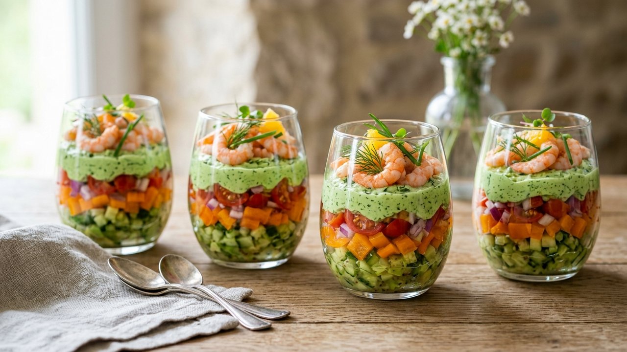 Verrines froides en couches avec gaspacho vert, crevettes et chantilly