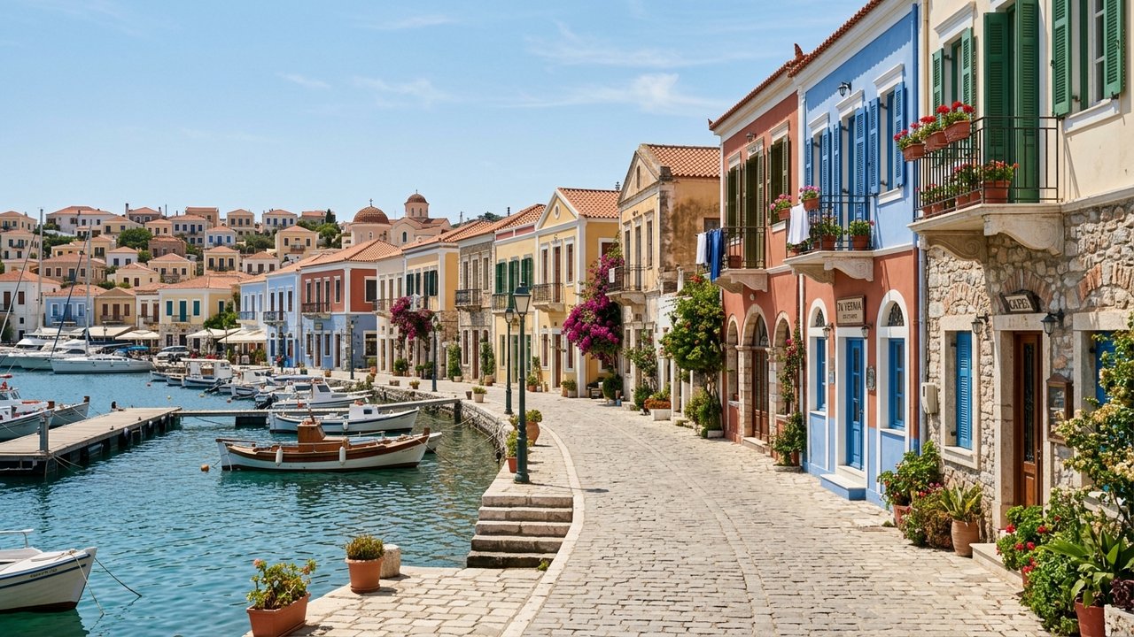 Rues colorées d'une ville côtière méditerranéenne avec architecture baroque