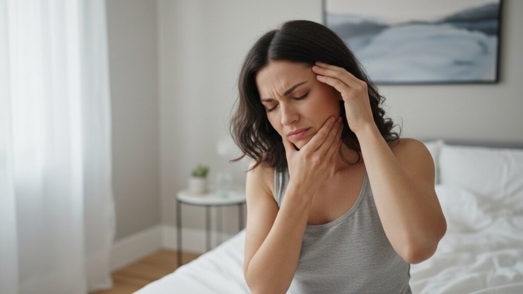 Femme souffrant de douleur à la mâchoire due au grincement des dents nocturne