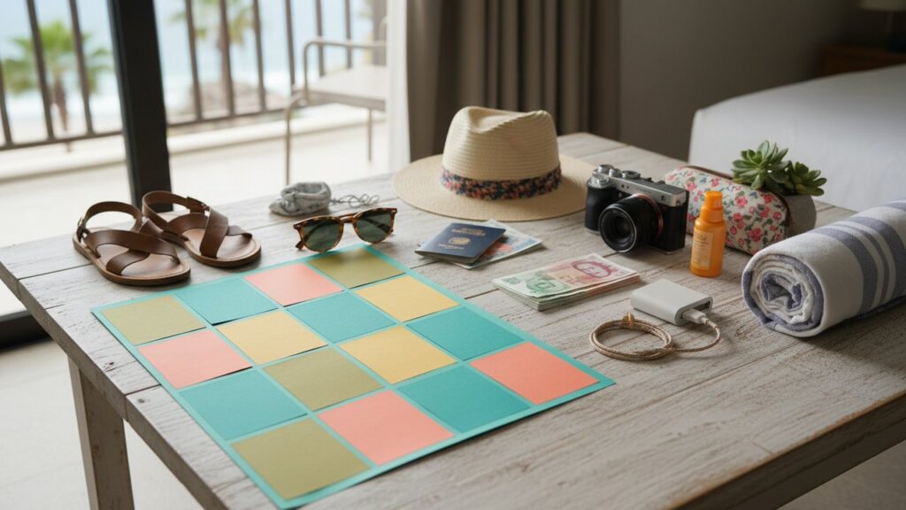 Check-list de vacances avec vêtements, documents et accessoires de voyage