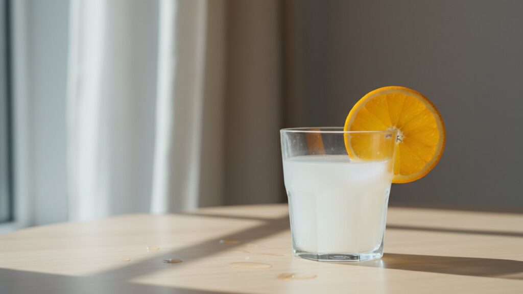 Verre de collagène marin dissous dans l'eau avec tranche d'orange