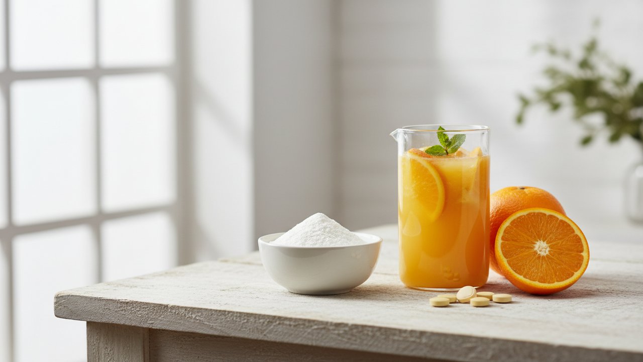 Collagène marin en poudre associé à du jus d'orange riche en vitamine C