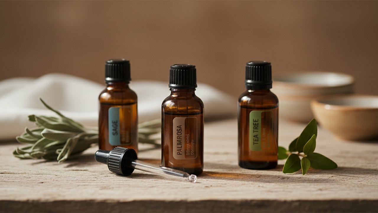 Flacons d'huiles essentielles pour déodorant : palmarosa, sauge, tea tree