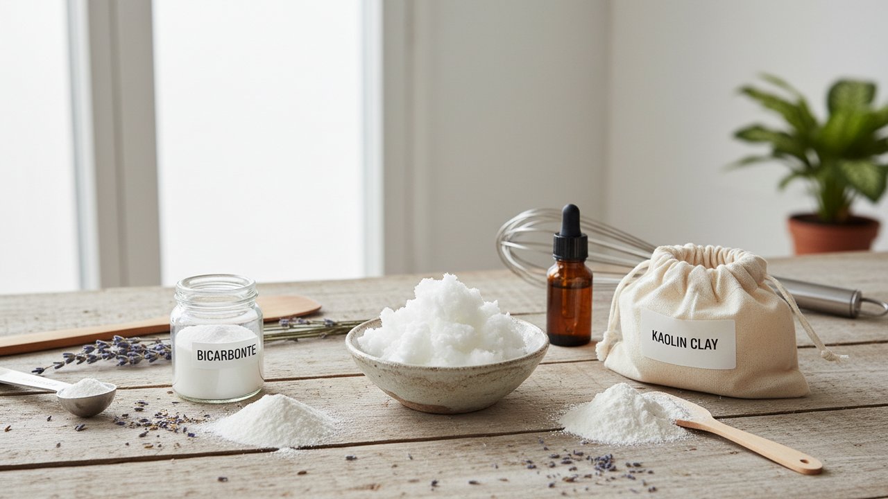 Ingrédients pour déodorant maison : huile de coco, bicarbonate et fécule