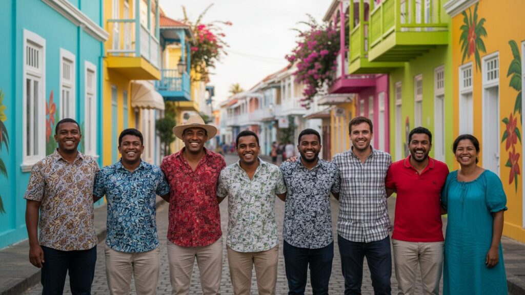 Groupe de Mauriciens souriants représentant la diversité culturelle de l'île